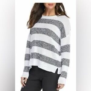 Eileen Fisher Women SP White/Gray Striped Organic Linen Knit Pullover Oversized